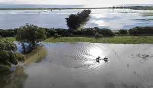 Two girls riding horses on heavily flooded paddocks.