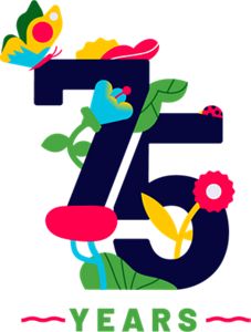 All illustration of the number 75 in dark blue text surrounded by a butterfly and different plans in bright colours.