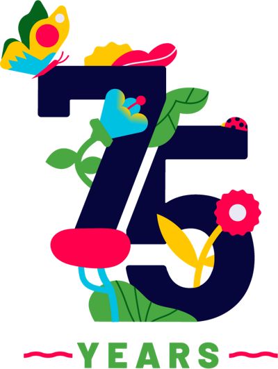 All illustration of the number 75 in dark blue text surrounded by a butterfly and different plans in bright colours.