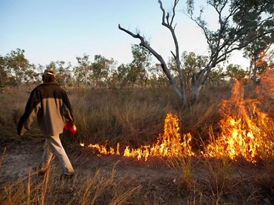 An early dry-season controlled burn being conducted by local aboriginal rangers on Fish River Station in Australia's Northern Territory.