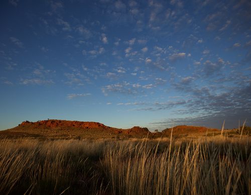 Red mountains are viewed from grassy plains.