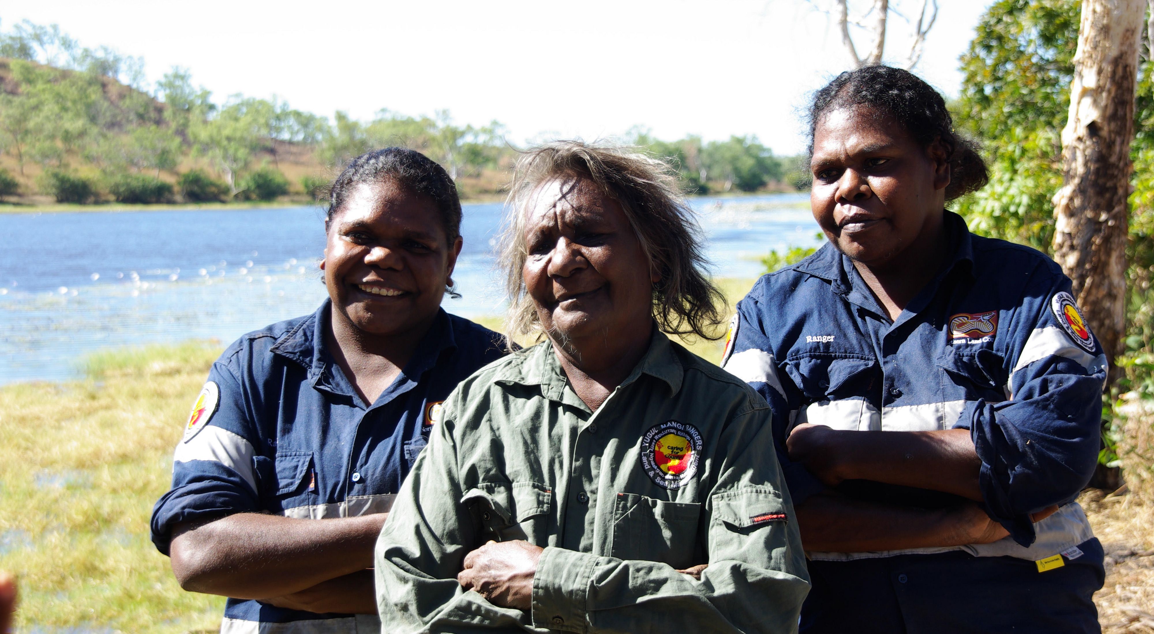 Indigenous rangers from Ngukurr, Northern Territory, including Yugul Mangi senior women (from left to right) Edna Nelson, Cherry Daniels and Julie Roy