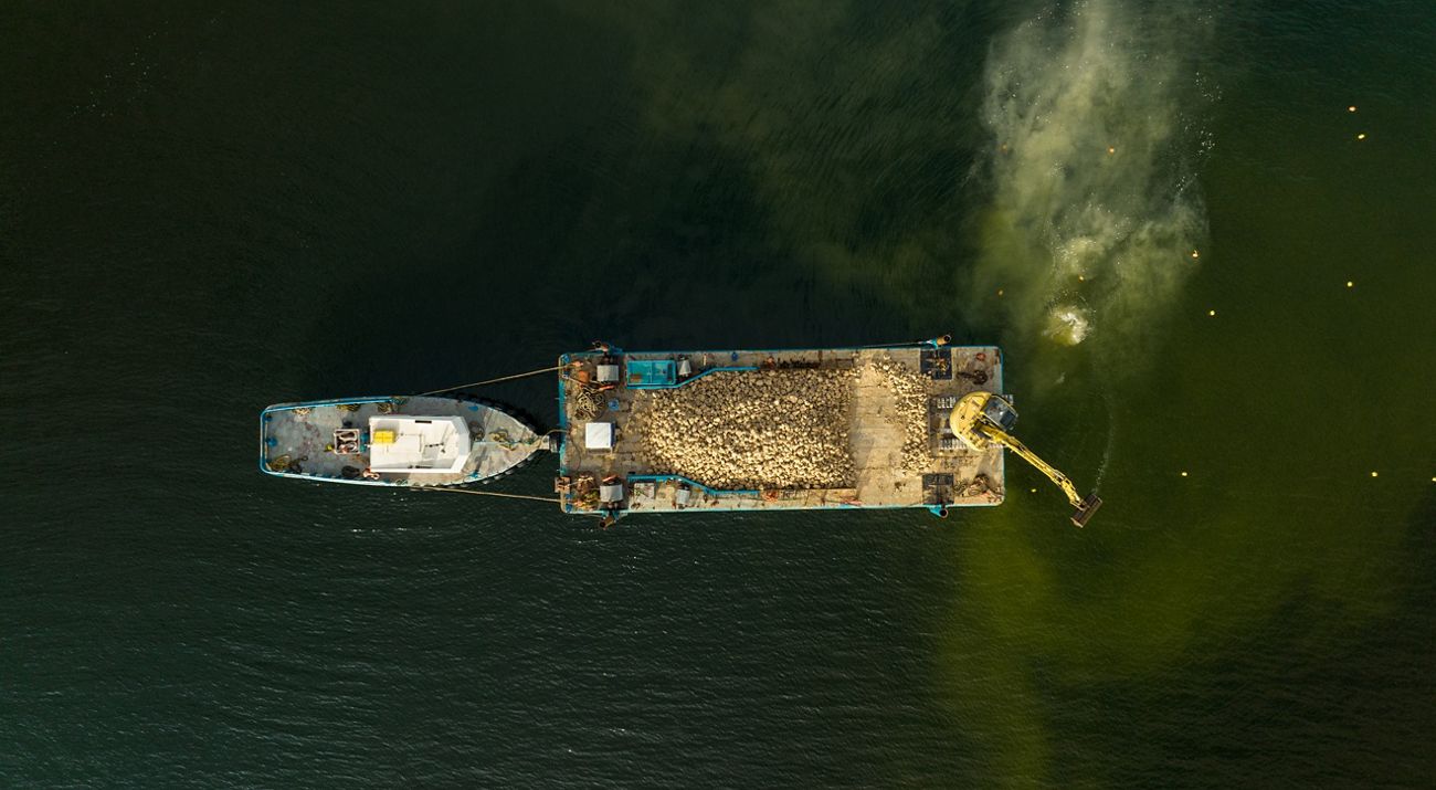 Aerial view of a barge
