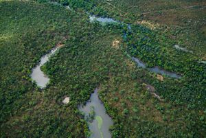 Aerial view of the landscape and bodies of water on Westmoreland Station