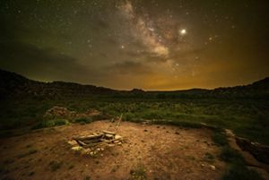 A night sky full of bright stars is visible above a clearing in the desert.