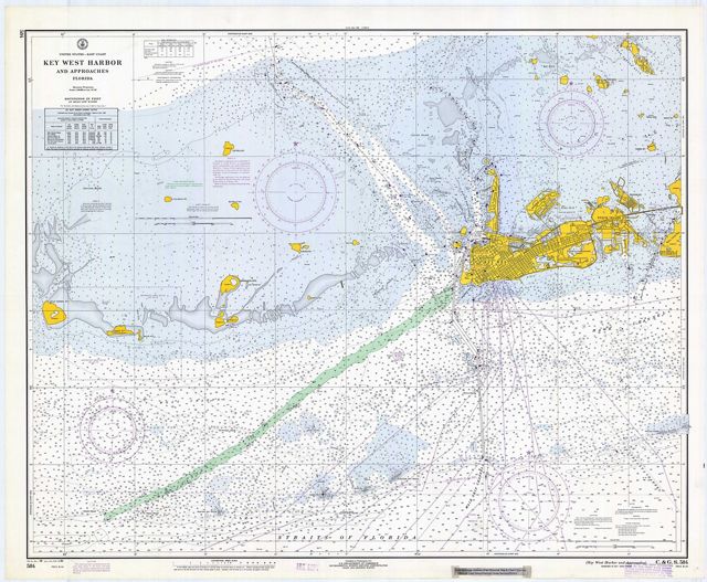 picture of a map of Key West Harbor and surrounding water and islands with keys highlighted yellow