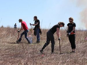 Volunteers dig holes to plant trees on a dusty prairie. 