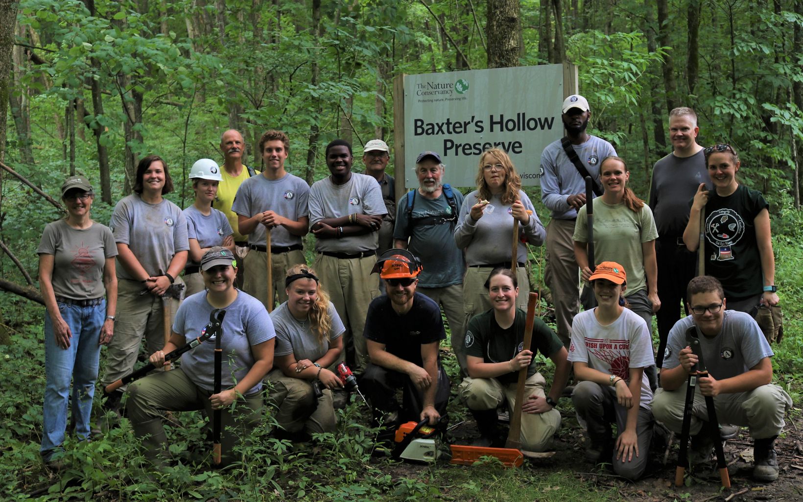 AmeriCorps NCCC crews work with volunteers and staff to improve hiking trails on preserves during the summer.