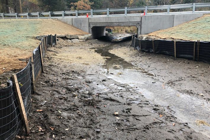 A trickle of water flows through a large culvert under a road.