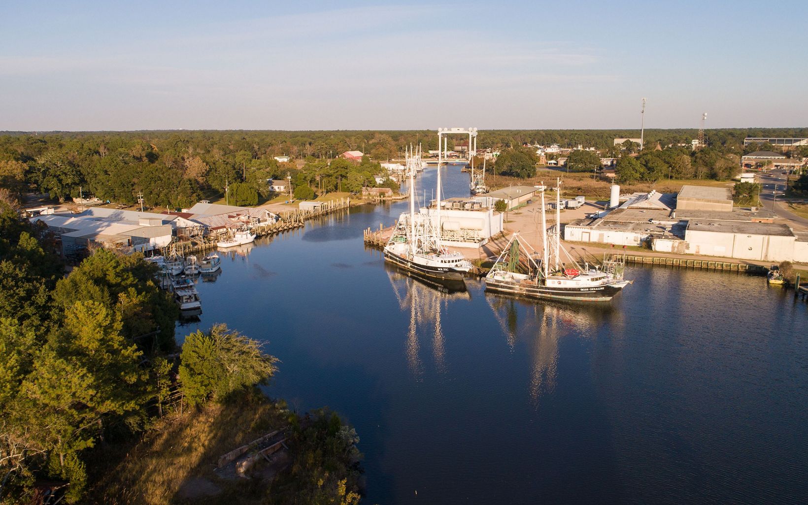 Aerial view of the port of Bayou La Batre, with two large and several small boats floating on the waters of a forest-lined channel that leads toward town.
