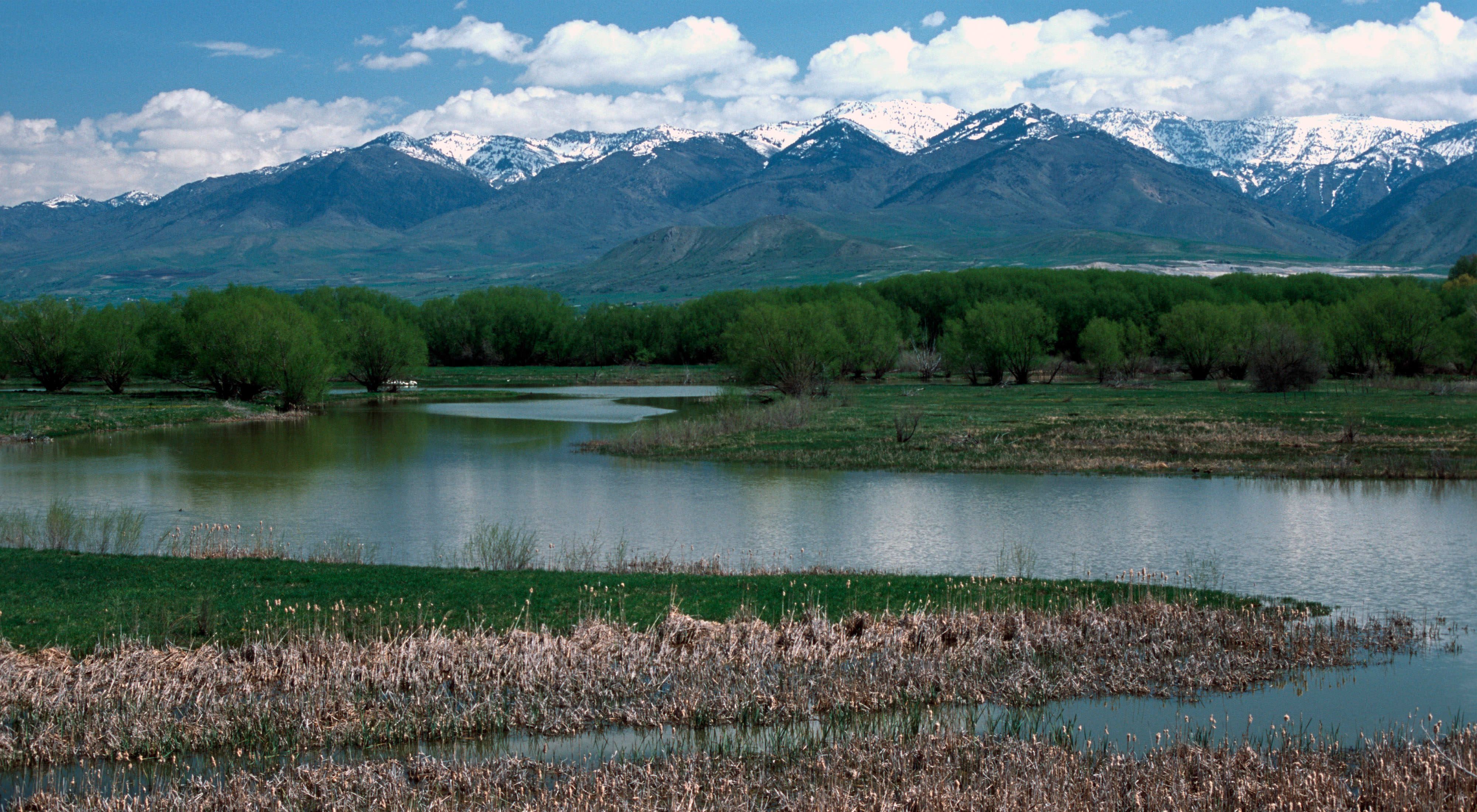 Landscape view of the Bear River and reflected mountains.