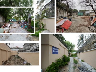 Four images of the trashed lot before the habitat garden.