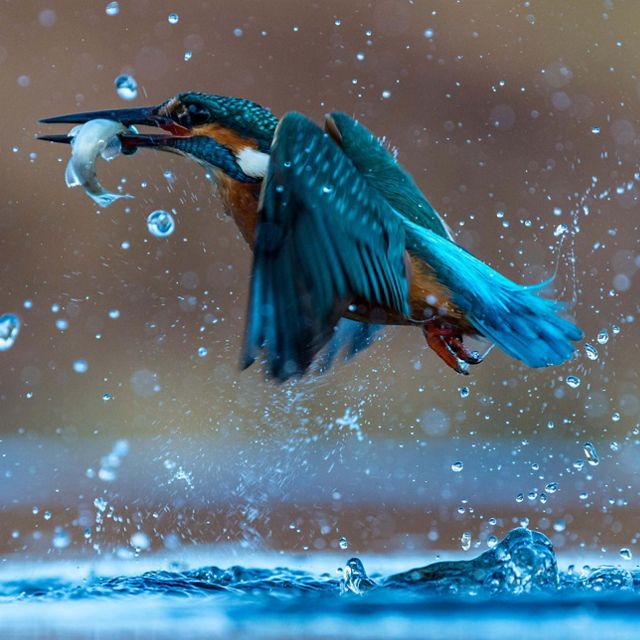A kingfisher with bright blue feathers flies off with a fish in its beak.