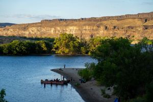 A group of people canoeing back to land.