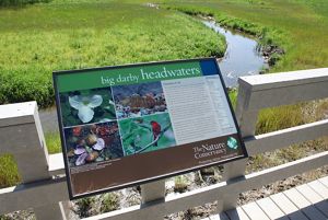 Preserve signage that says 'Big Darby Creek Headwaters' on it is situated on a wooden platform overlooking a meandering creek..