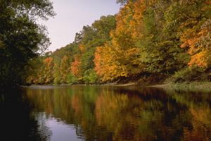Autumn-colored trees border a still river.