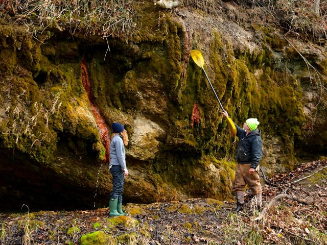 Two people hike alongside colorful moss-covered sandstone cliffs. One uses a kayak paddle to point to a spot on the cliff wall.