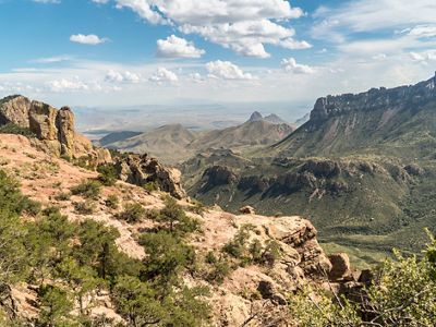Mountains rise behind a canyon of brush.