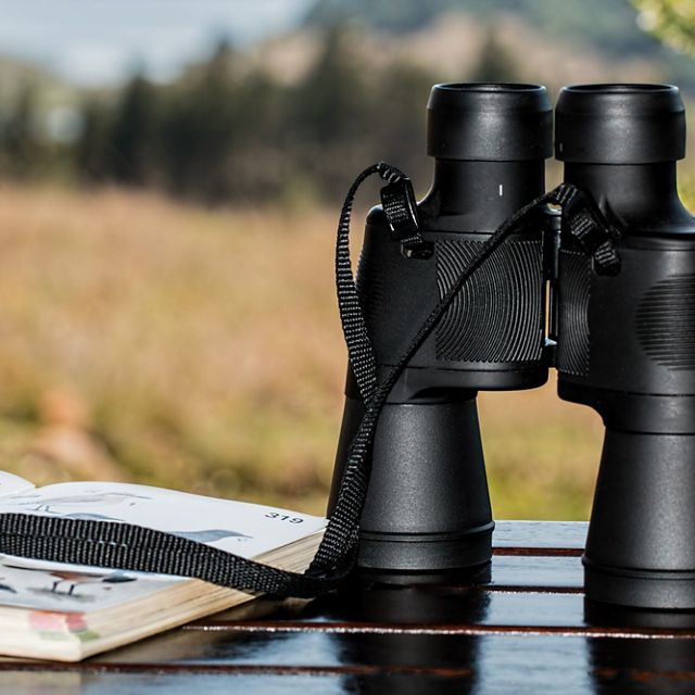 A book and binoculars sitting on a table with mountains in the distance. 