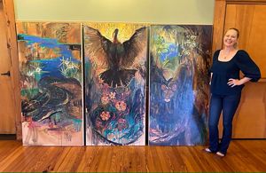 'Florida Trinity' by Blair Updike: triptych painting portraying native Florida wildlife (from left) American alligator, wild turkey and Florida panther.  