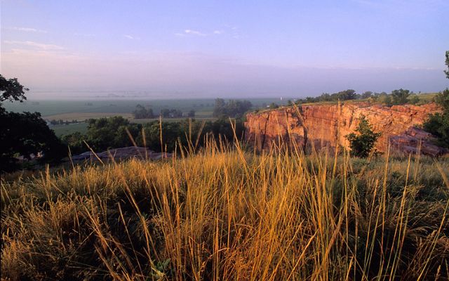 View from a bluff with prairie grasses in the foreground and a sheer cliff and plains in the distance.
