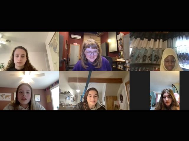Six young women in a screen capture from a Zoom meeting.