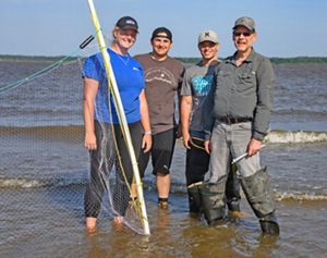 Four researchers stand in the surf.