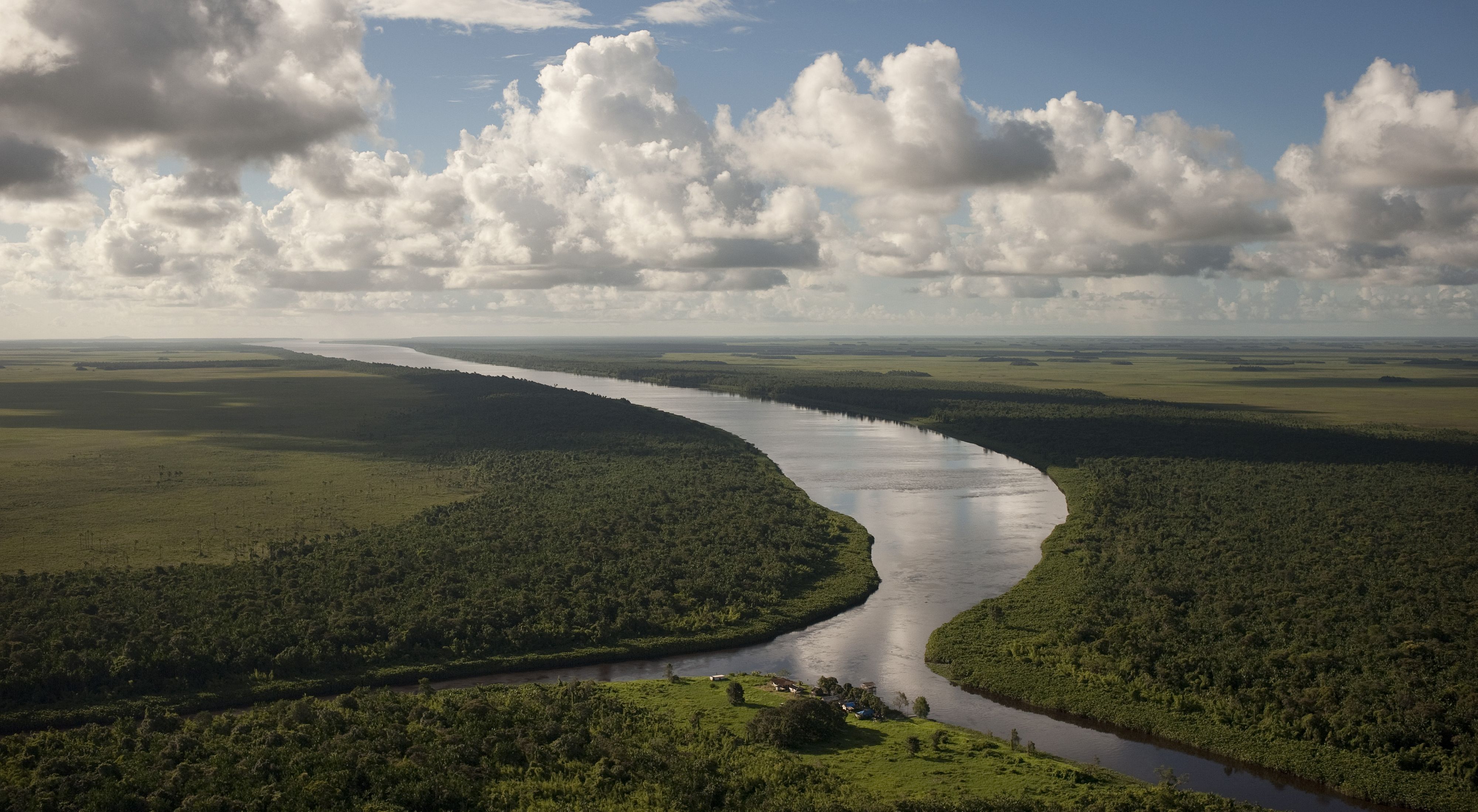 Aerial photo of Rio Curipi meeting the Rio Uaçá on its way to the Atlantic Ocean, in the Oiapoque indigenous region of the Brazilian Amazon.