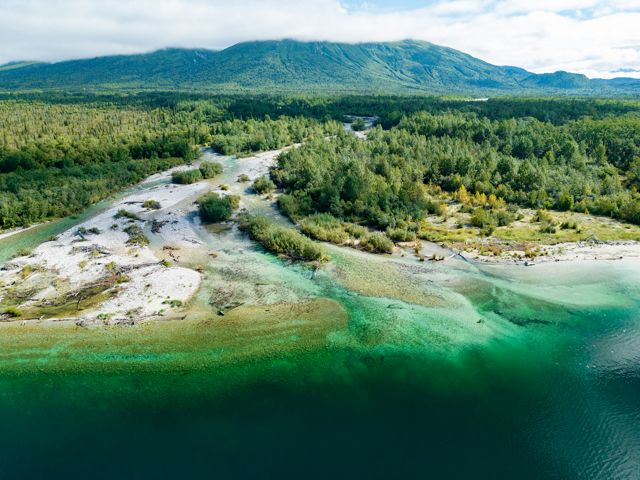 Aerial view of Bristol Bay coastline looking towards dense forest and forested mountains. 