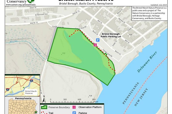 Bristol Marsh Nature Preserve map, with the preserve boundary outlined in green.