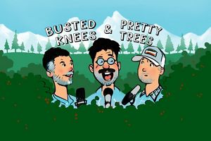 Illustrated logo of three men for the Busted Knees & Pretty Trees podcast.