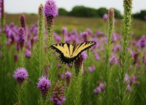 A black and yellow butterfly sits on a purple flower. 
