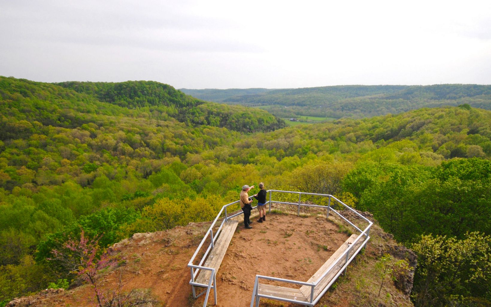 A drone camera view of the overlook at Buzzardroost Rock at the Edge of Appalachia Preserve System.