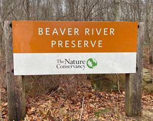 Rectangular orange and white metal sign mounted on wood posts bearing the words Beaver River Preserve and the TNC logo.