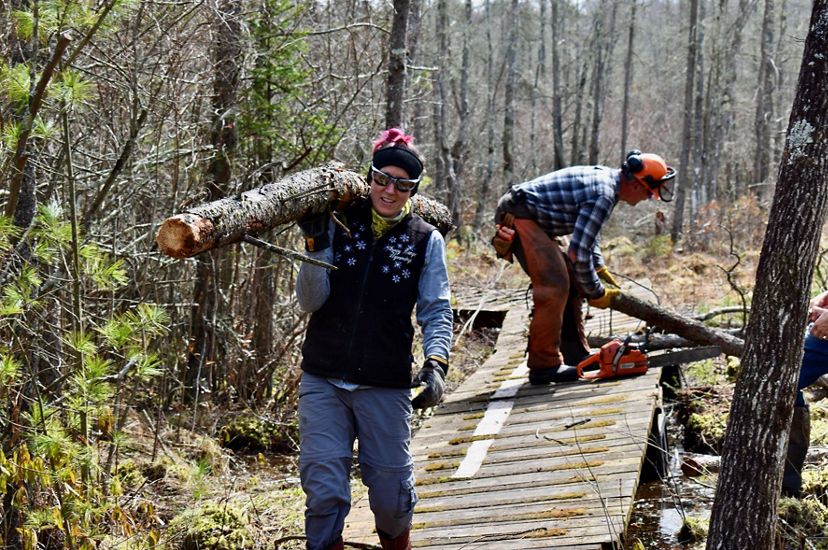 A person walks on a boardwalk through the woods carrying a large log on their shoulders. Behind them, another person uses a chainsaw to cut addtional logs.