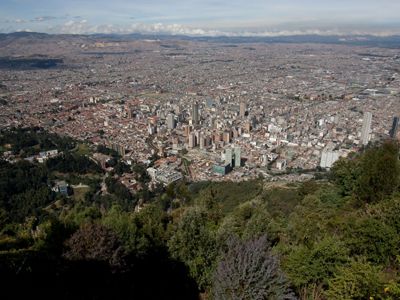 . A wide view of Bogota, Colombia. The cost of water treatment in this city has grown to more than 7 million. The Conservancy is encouraging private companies sush as Bavaria brewery and public entities such as Bogota's water facility company to invest in self-sustaining water funds to protect river basins and ultimately the city's water supply