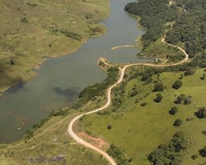 Aerial view of the deforested topography surrounding Cachoeira Reservoir which is now set to be included in a massive tree planting project. The reservoir and surrounding watershed is part of Brazil's Cantareira system (the largest system of public water supplies in Latin America) which provides fifty percent of Sao Paulo's drinking water.