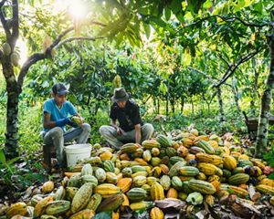 duas pessoas trabalham com cacau