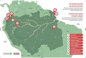 Gráfico de mapa de localização em diferentes lugares da Amazônia dos fotógrafos selecionados para a exposição.