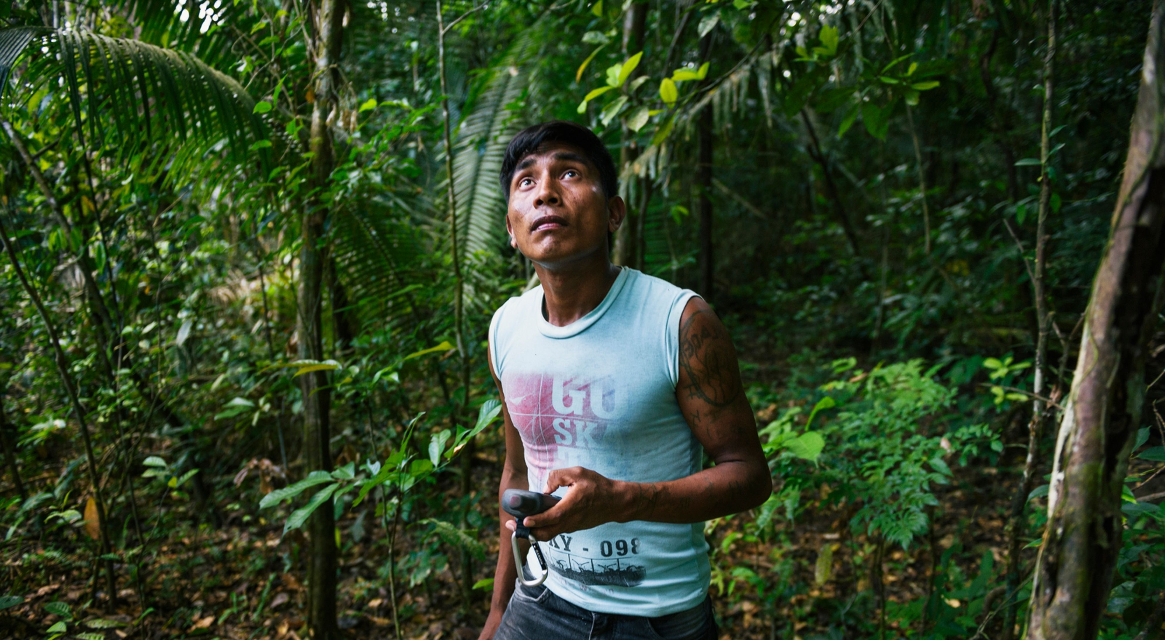 Bepnhibety Xikrin surveying restoration efforts in a forest near the Pot-Kro Village, Brazil. He marks the location of Brazil nut trees in his GPS.  This work is part of the Conservancy and community's ethnomapping effort to identify and preserve areas of the forest that are especially important to the community. Our innovation is enabling compliance with Brazil’s progressive Forest Code, while increasing economic opportunity. We are working with indigenous peoples to integrate traditional knowledge with modern approaches to landscape planning in order to enable greater leadership in deciding how their traditional territories will be managed and to have a stronger voice in policy decisions. 
