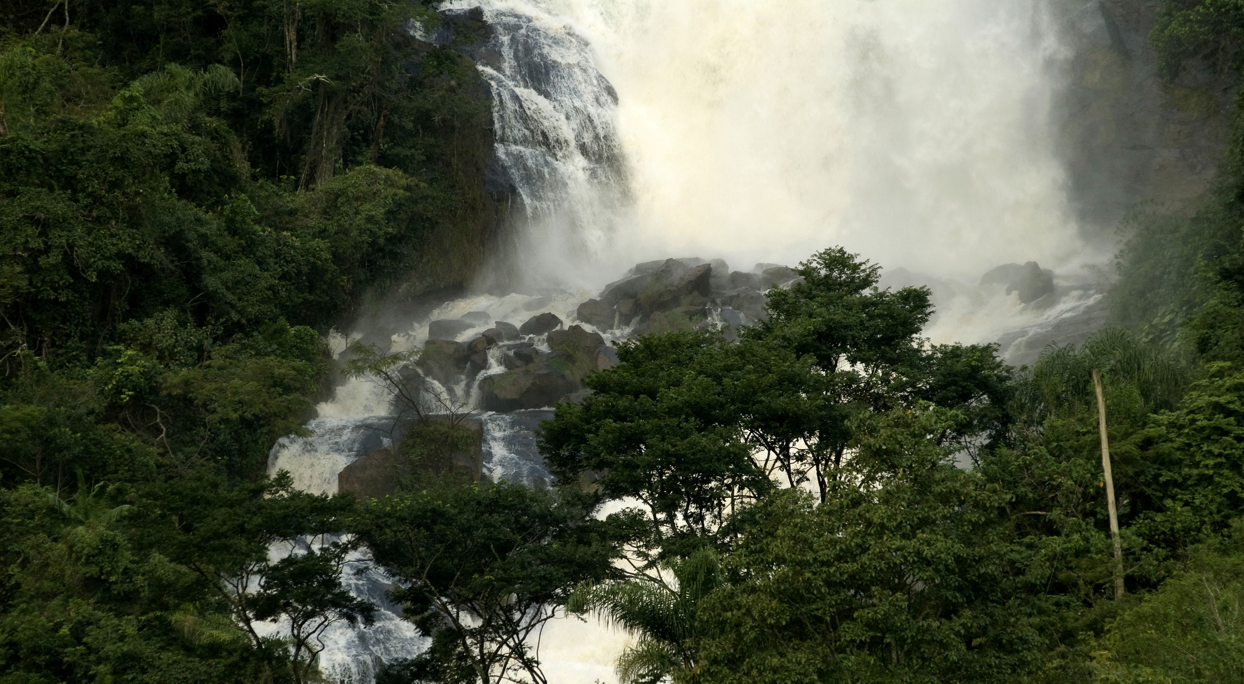 Cachoeira entre árvores na bacia hidrográfica de Piracicaba, na Mata Atlântica. 