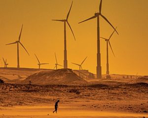 Pessoa andando em paisagem desértica a frente de geradores de energia eólica.