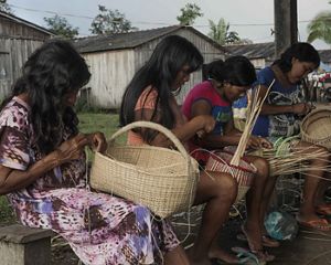 Indígenas Parakanã, na Terra Indígena Apyterewa, no Pará, trabalhando com artesanato tradicional de cestas.