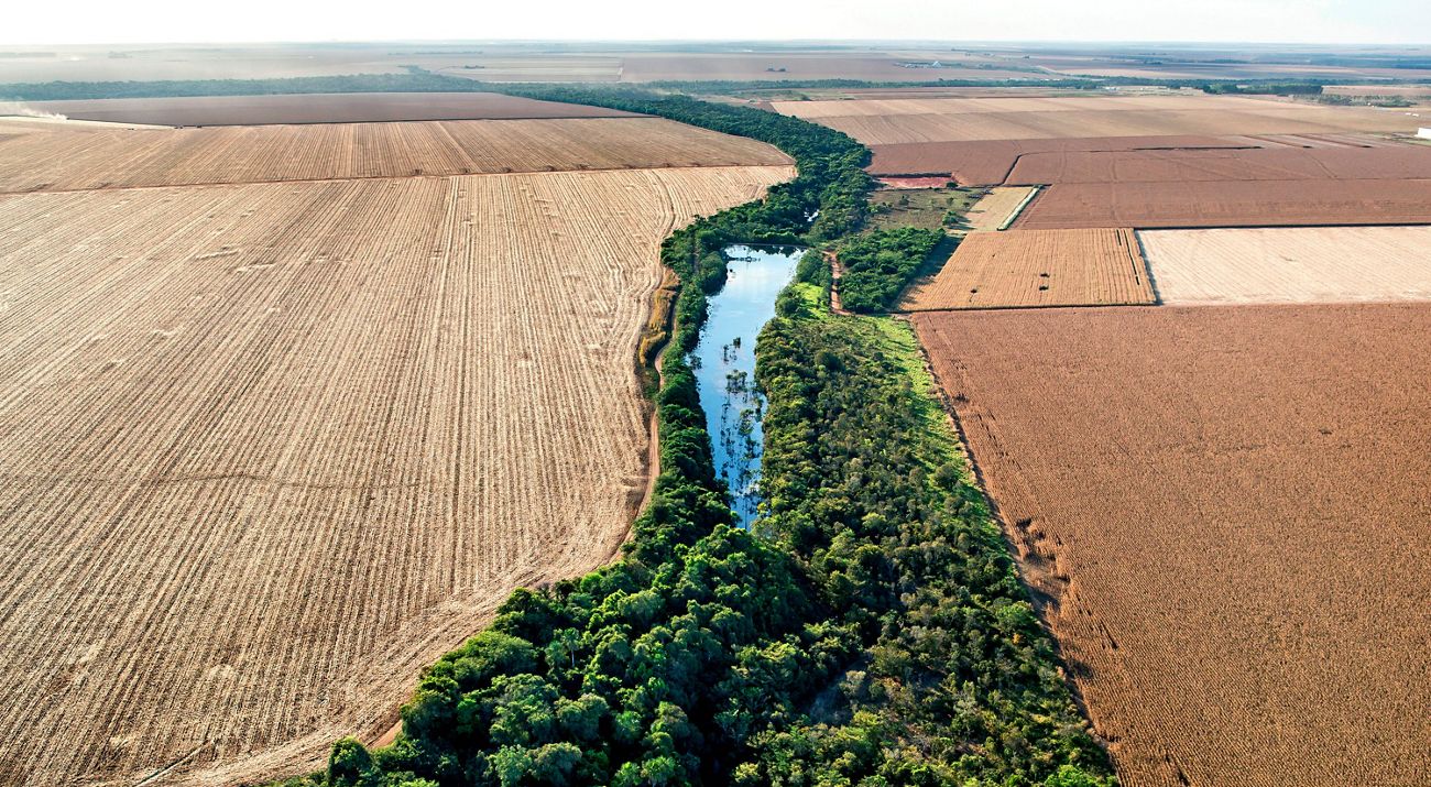 aerial photo of a river cutting through farmland.