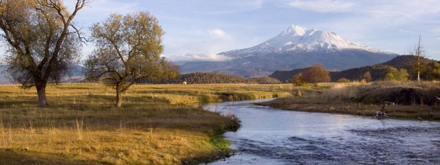 The Shasta River shown flowing through The Nature Conservancy's Shasta Big Springs Ranch below Mount Shasta in northern California. 