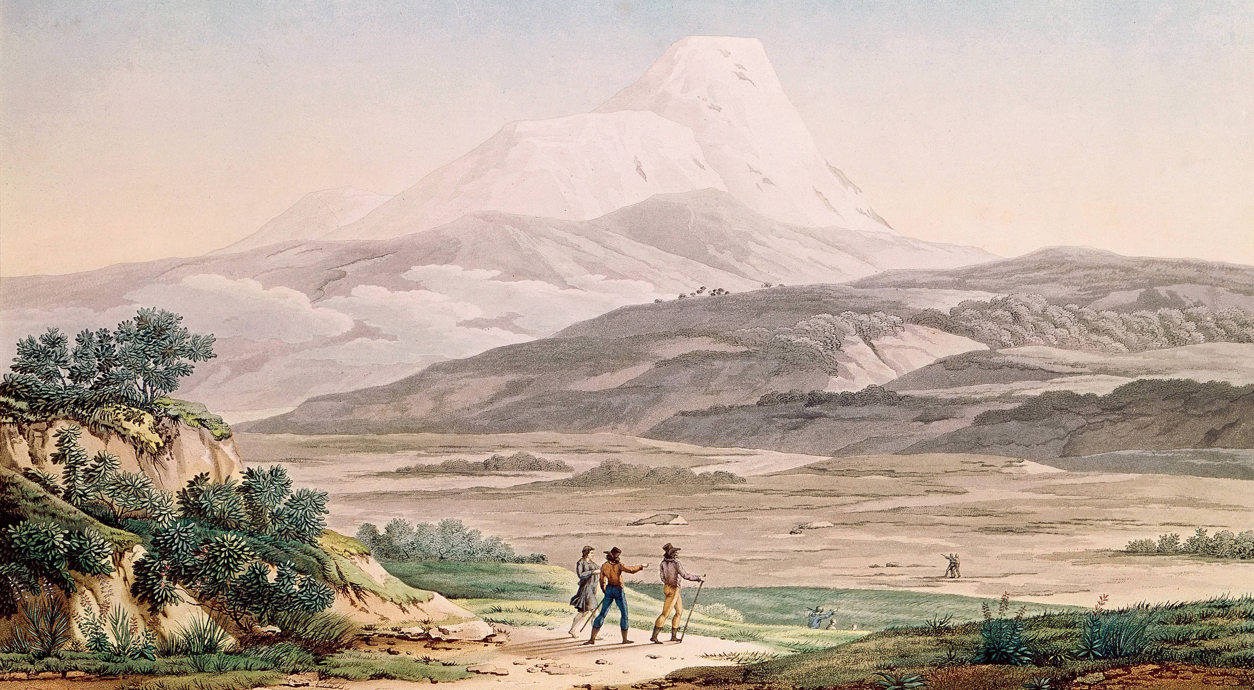 A print from 1814 shows Alexander von Humboldt and his companions exploring Ecuador