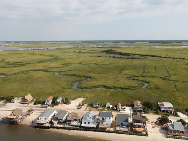 Aerial view of Cape May, with houses in foreground and salt marsh in background.