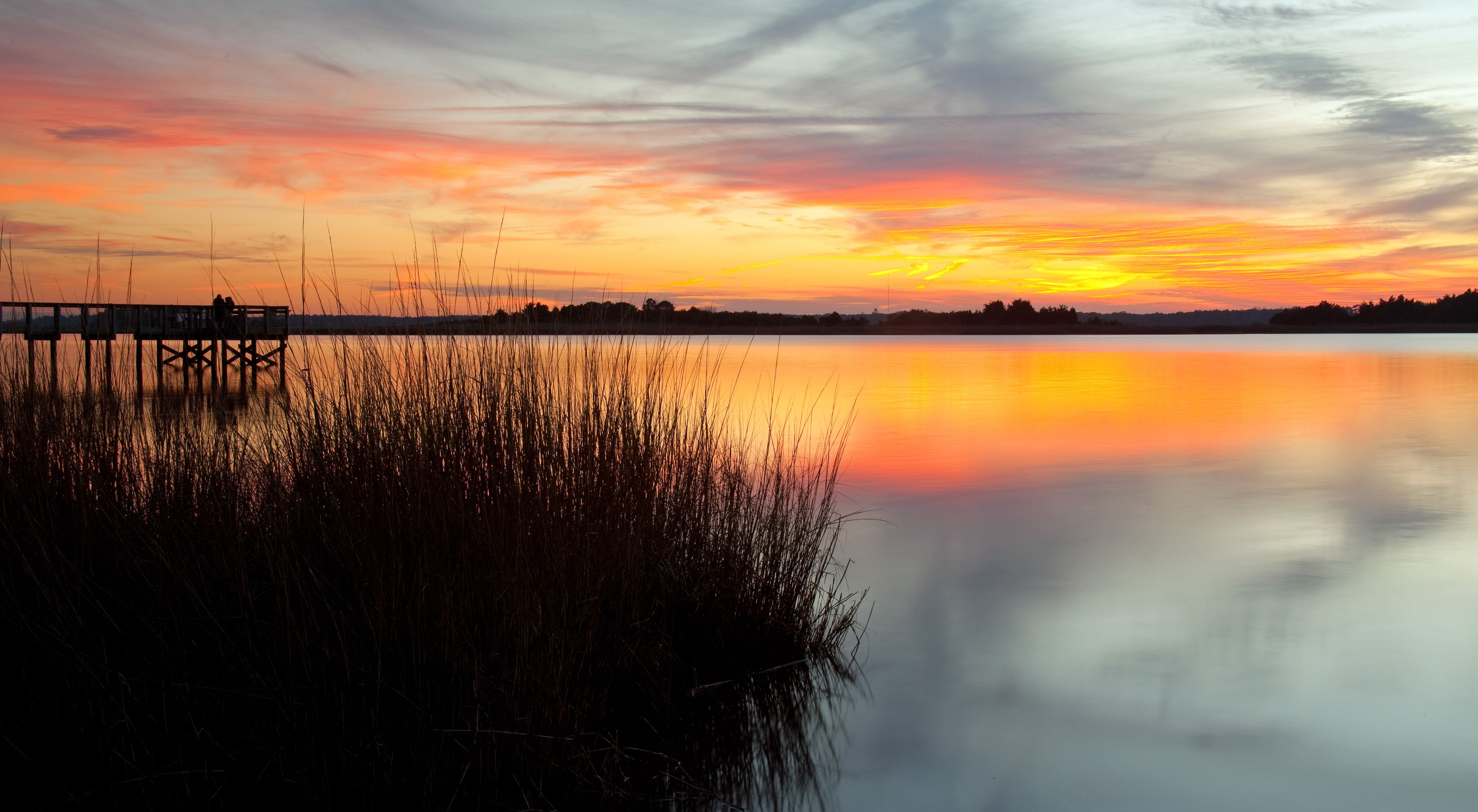 A sun sets over calm waters and a patch of grass.