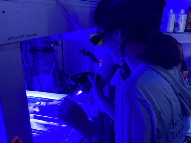 A scientist takes a close look at something under a microscope.