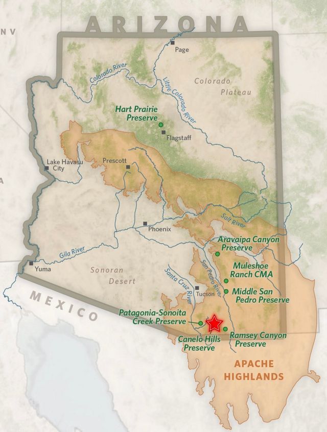 Map of Arizona highlighting the Apache Highlands and TNC's preserves.